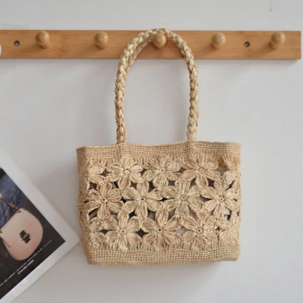 Women Bags Handmade - Богемная соломенная сумка с цветком, большая